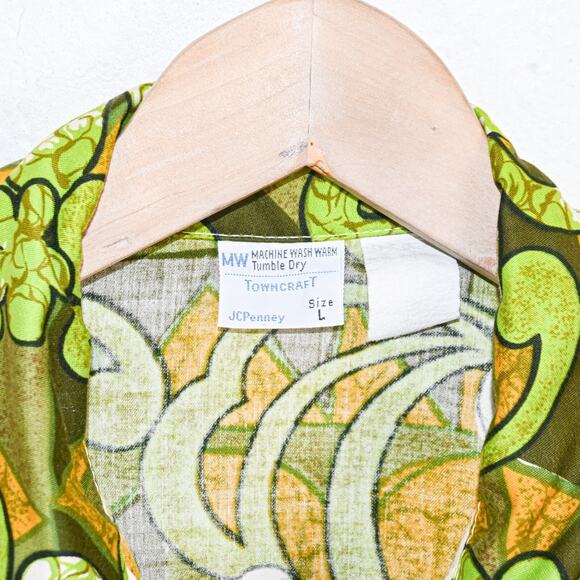 70's Vintage TownCraft JCPenney Green Retro floral Print Shirt Point collar sz L - Picture 4 of 5